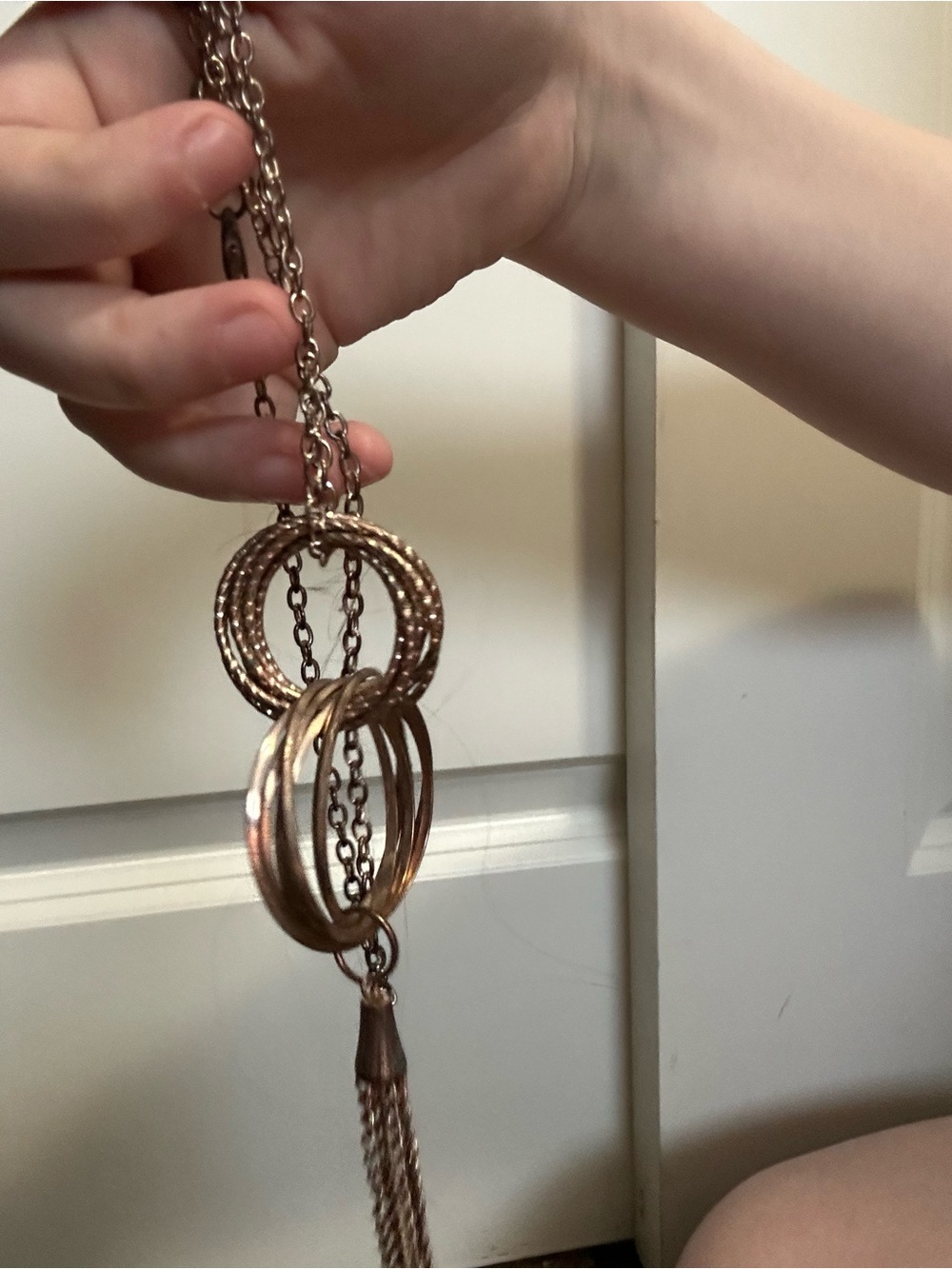 Elegant Rose Gold Multi-Ring Tassel Necklace